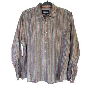 32 Bar Blues Mens Shirt Size XL 100% Linen Stripes Colorful Collared Casual